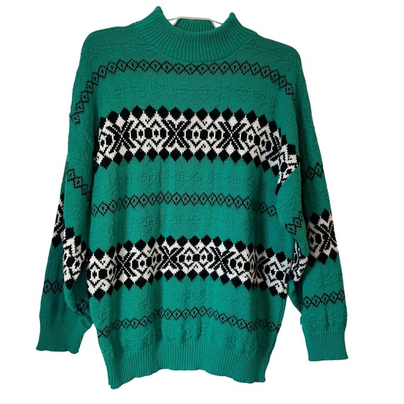 Vintage 90s Teal Fair Isle Knit Sweater USA‎ Grandpa Core Cottagecore L - Picture 1 of 12